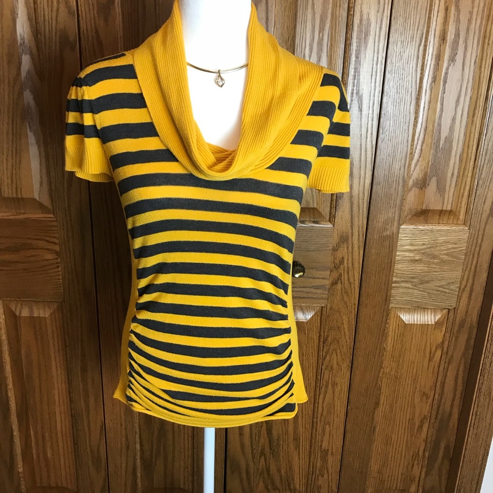 Takeout Yellow & Grey Striped Cowel Neck Sweater